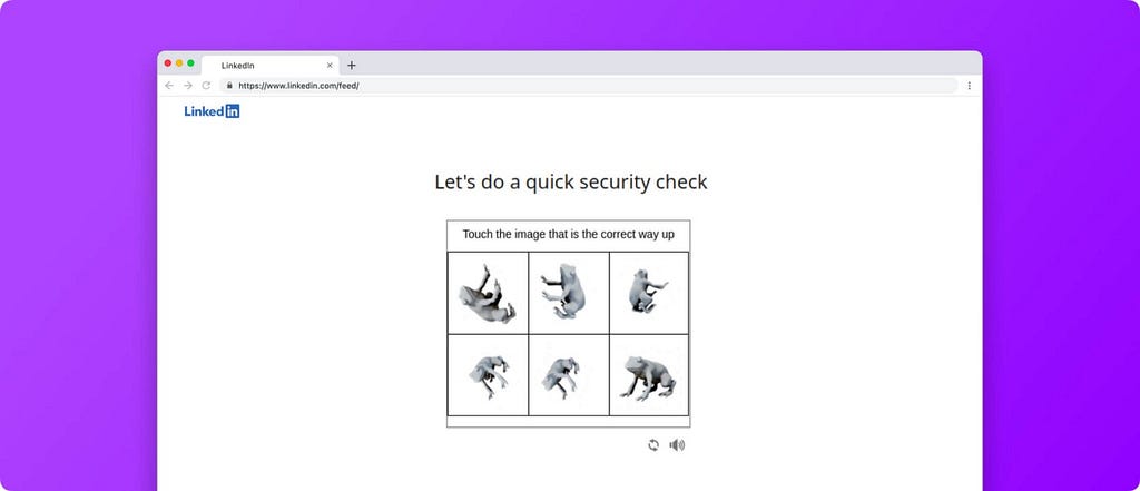 Linkedin web page with Captcha of same frog in 6 different positions