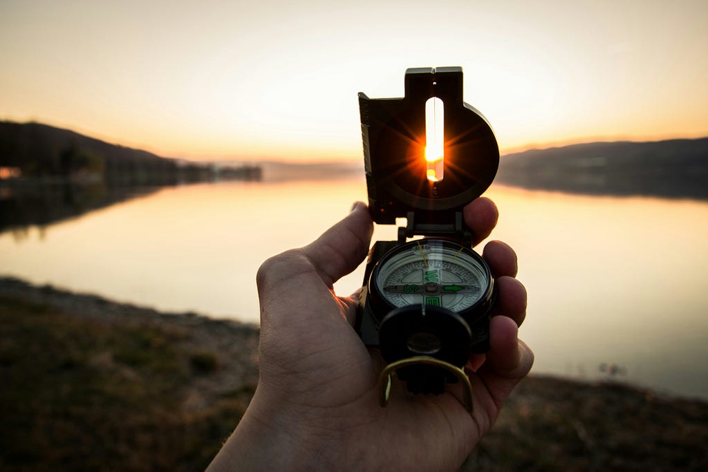 Eine Hand, die einen Kompass hält und damit die Himmelsrichtung der am Horizont aufgehenden Sonne ermittelt.