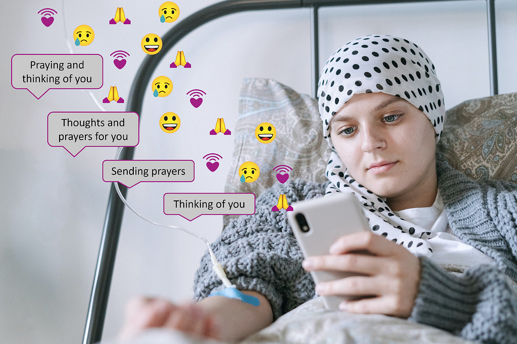 A patient lying in a bed wearing a head scarf and an IV looking at their phone with a sea of many floating post reactions (hearts, praying hands, happy faces, sad faces) and comments regarding thoughts and prayers.