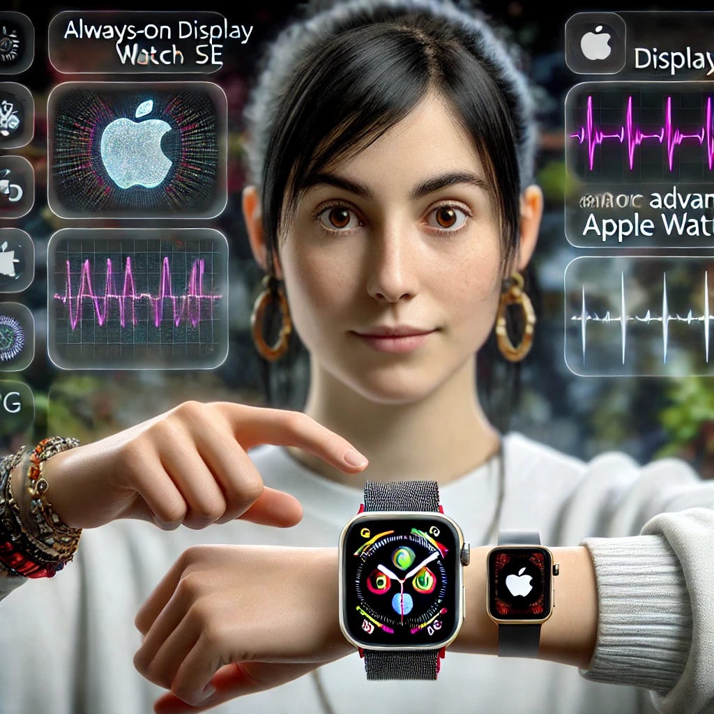A realistic image of a woman comparing an Apple Watch SE and a more advanced Apple Watch model. The woman is making an interested expression, with one wrist wearing the SE and the other wearing the advanced model. The background combines elements of both luxurious and simpler settings. There are small icons or text highlighting key features like Always-On Display and ECG. The Apple logos on the watches are clear and prominent.