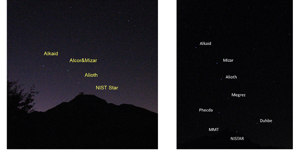 Side-by-side images show labeled stars in the night sky over a silhouetted mountain; right image shows same starts in later, darker sky.