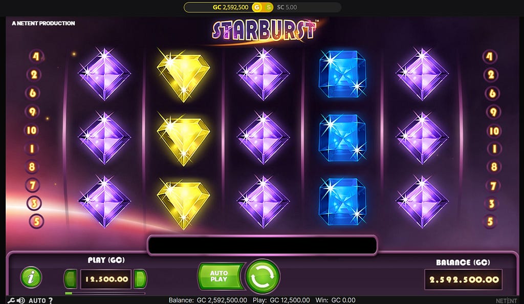 Screenshot of NetEnt’s Starburst from Chumba Casino