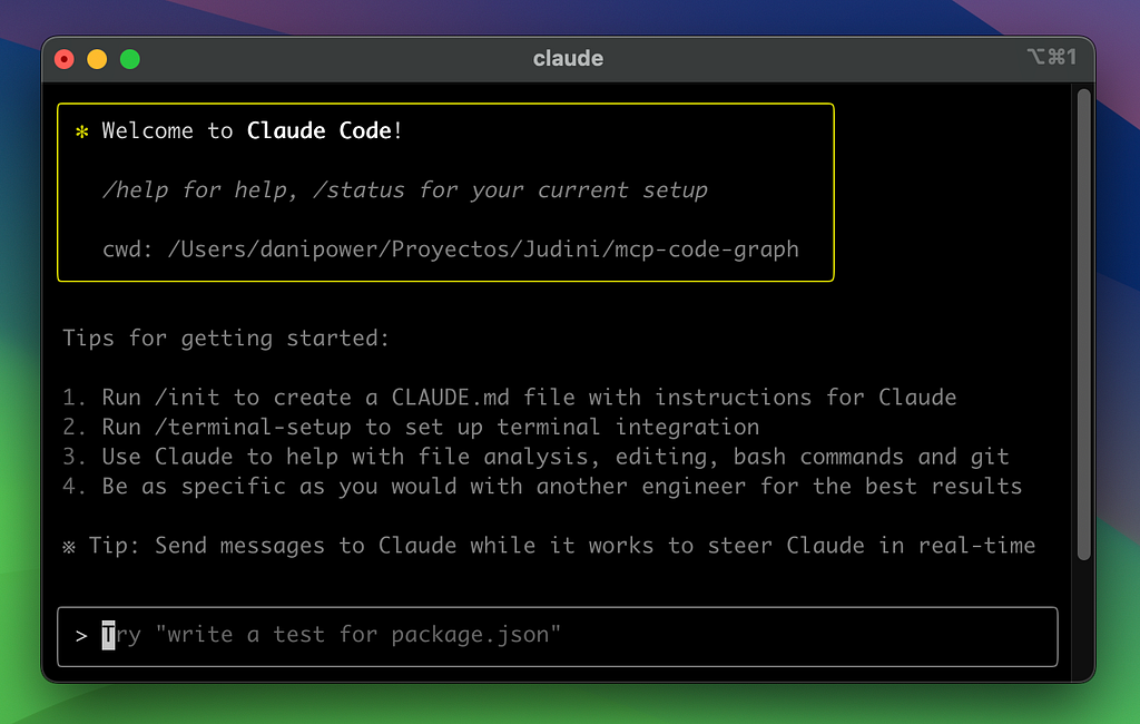 A screenshot of the initial welcome screen instructions for Claude Code