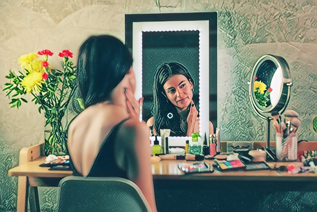 A lady looking into different mirrors
