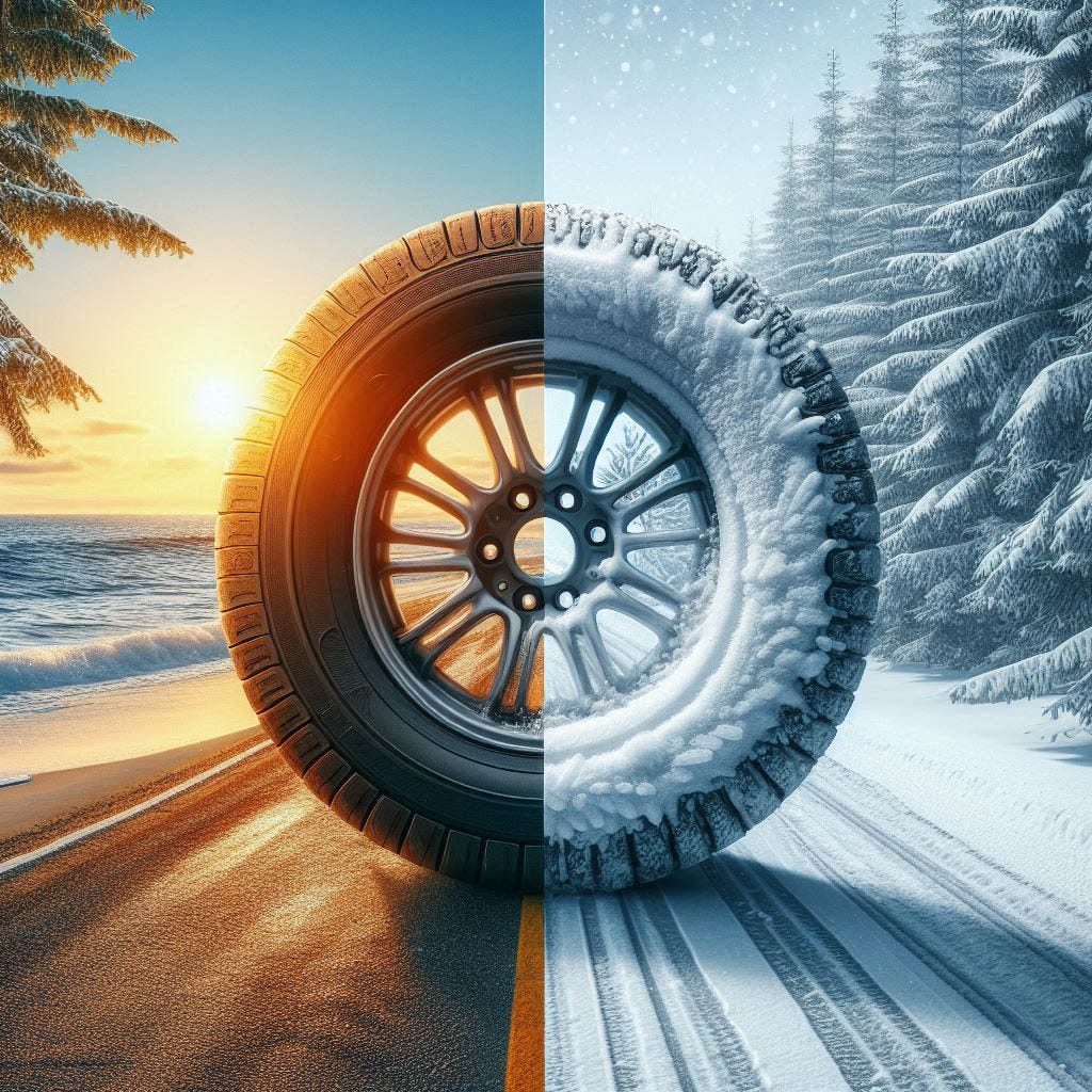 A summer tire on a road next to the beach (the first half of the photo) and a winter tire on a winter road (second half of the photo)