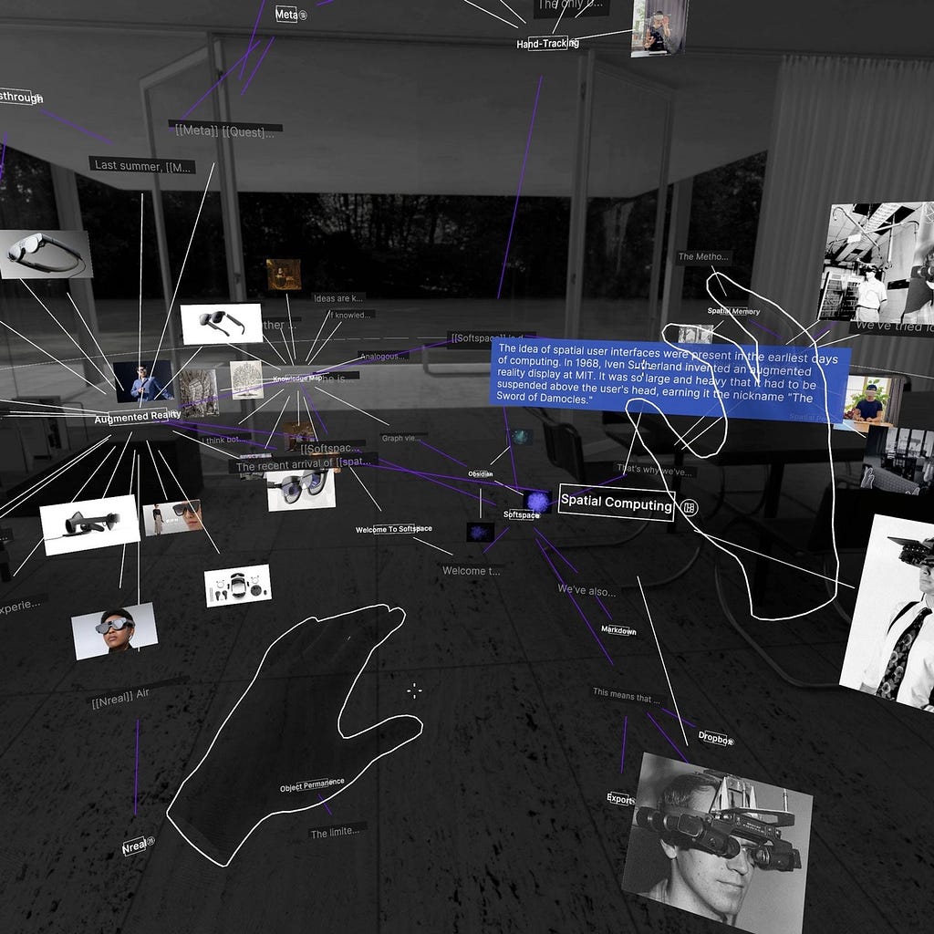 A screenshot of a mixed reality application that uses gestures to manipulate spatial content organized in 3D graphs