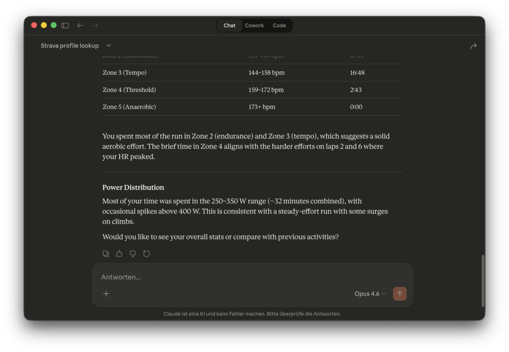 Strava activity analysis in Claude chat