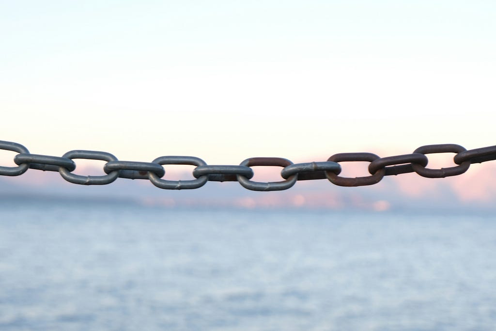 chains against an ocean background.