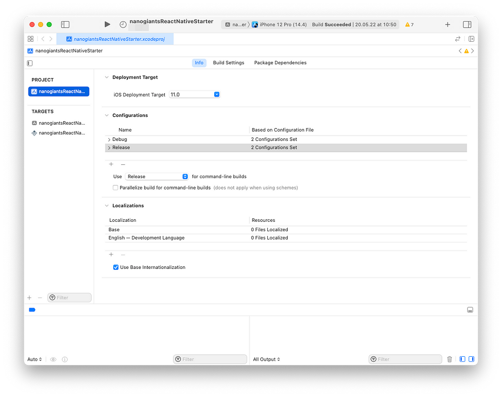 A screenshot of Xcode that shows the two default environments