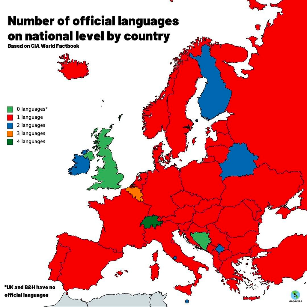 A Map of Europe colour coded by number of official languages showing switzerland with the most amount of official languages in eurioe