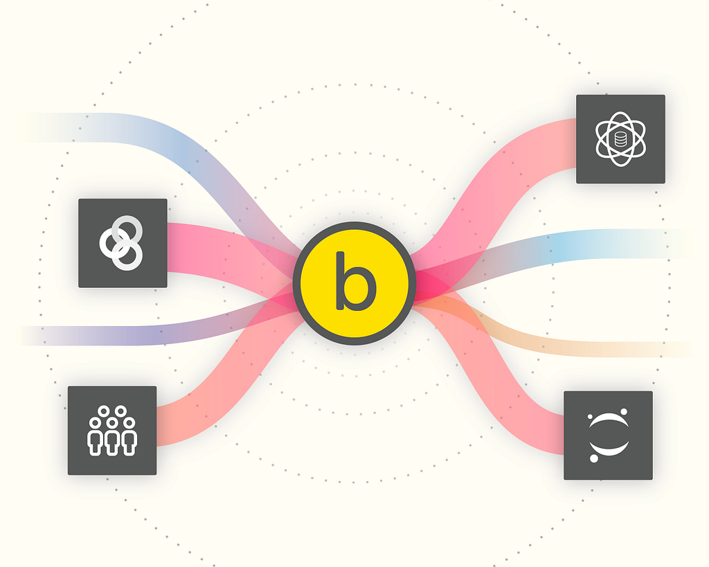 An abstract graphic connecting the logos for the Ballet project, MyBinder, and Project Jupyter, as well as icons connoting the crowd and big data.