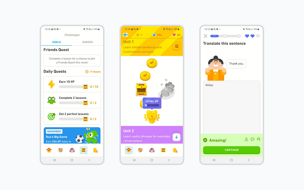 Duolingo app interfaces: a Goals page with Friends Quest and Daily Quests sections, page with units, translation task page.