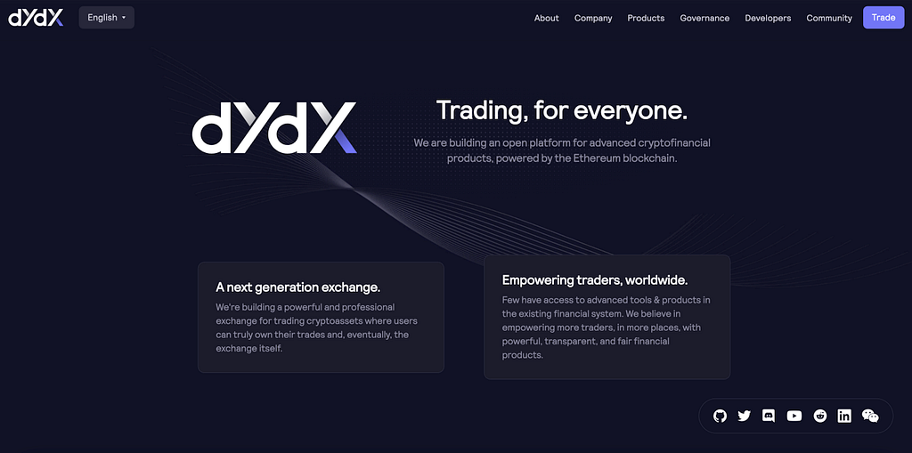 Dydx’s About page, estranhamente mais fácil de entender do que sua homepage…