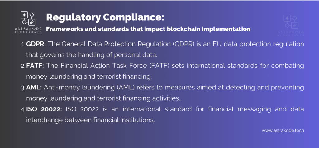 Regulatory Compliance: Frameworks and standards that impact blockchain implementation