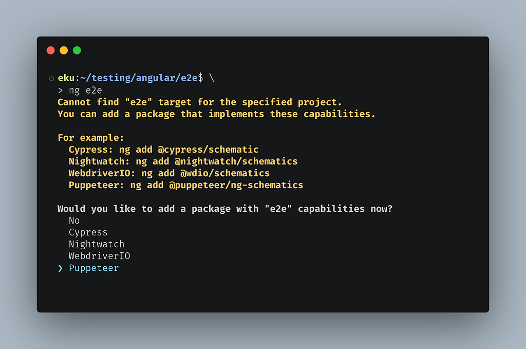 Console window displaying the results of “ng e2e” command, including the new Puppeteer option.
