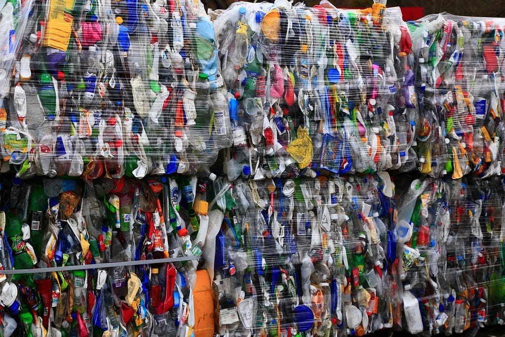 Baled plastic bottles stacked and wrapped together