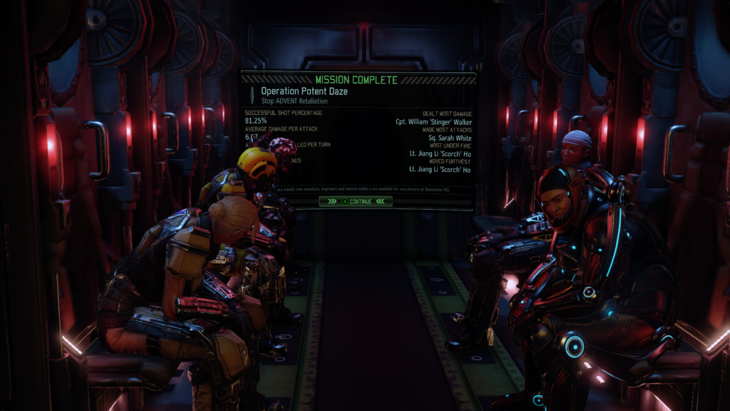 XCOM operatives saddened by an empty chair on the ride home.