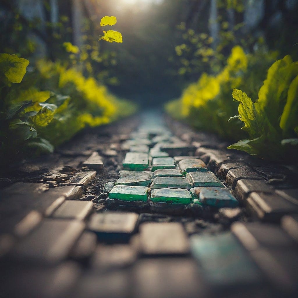 The image captures a close-up view of a weathered cobblestone path, surrounded by vibrant greenery. The path leads towards a distant light source, creating a sense of intrigue about its destination. A single bright yellow leaf is in focus near the top, adding a pop of color to the scene.