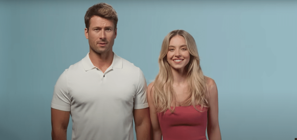 Powell (left) and Sydney Sweeney doing an intro for the Anyone but You (2023) trailer. Credit: YouTube/Sony Pictures Entertainment