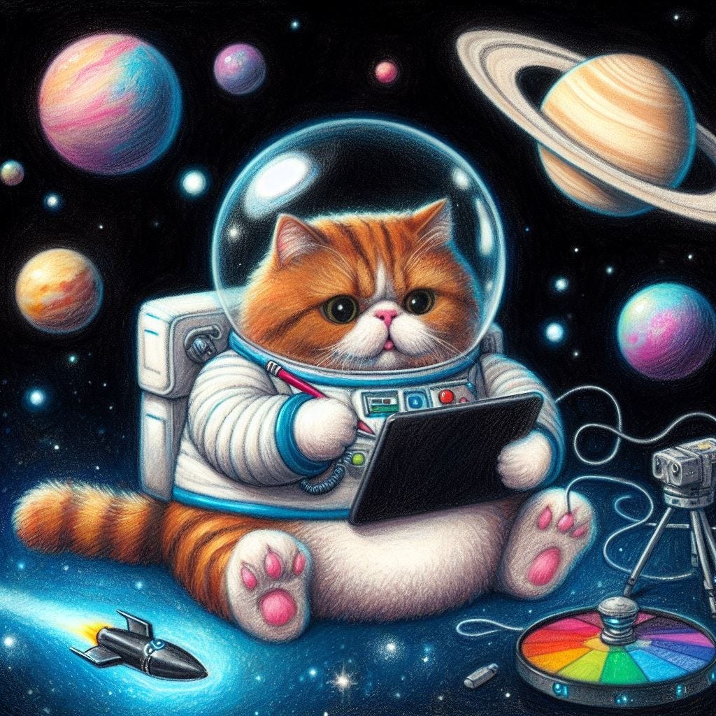 A chonky cat dressed as an astronaut floating in space next to a UFO and Saturn. The cat will be doing work on a tablet computer. Oil pastel, digital art, and galaxy vibe