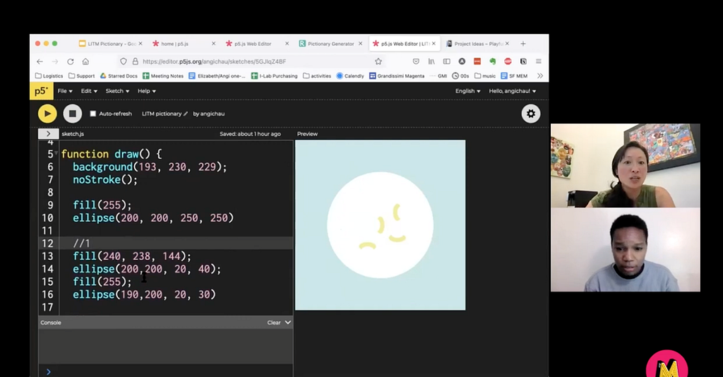 Screenshot of a p5.js window of code, producing a drawing of a white circle on a blue background, with little squiggles inside it. To the right are video frames of Angi and a student.