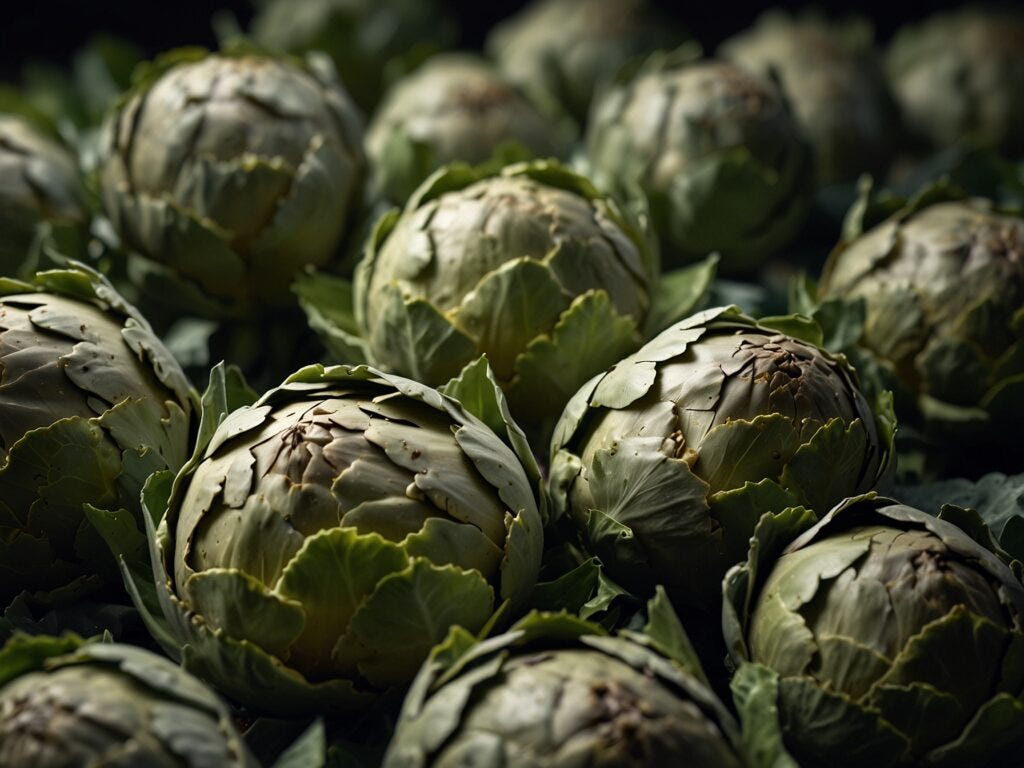 Close-up of fresh hydroponic artichokes with deep green leaves, highlighted by sunlight, creating shadows and texture.