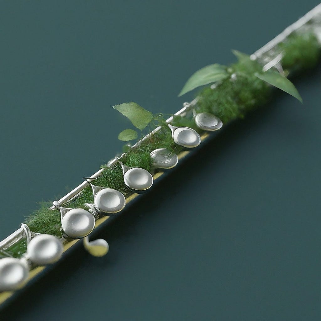 A close-up view of a flute covered in green moss and small plants, symbolizing musicians’ commitment to environmental sustainability. The metallic keys of the flute shine amidst the greenery, untouched by the natural growth. Water droplets on the moss and keys add a fresh appearance to the scene, set against a contrasting dark background.