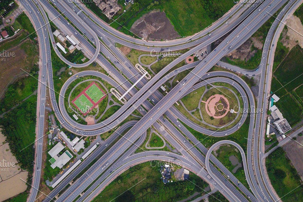 Aerial view of a beautiful road junction
