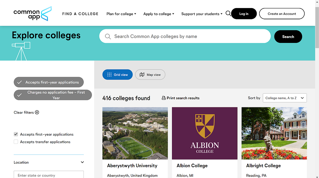 Explore colleges through the common application.