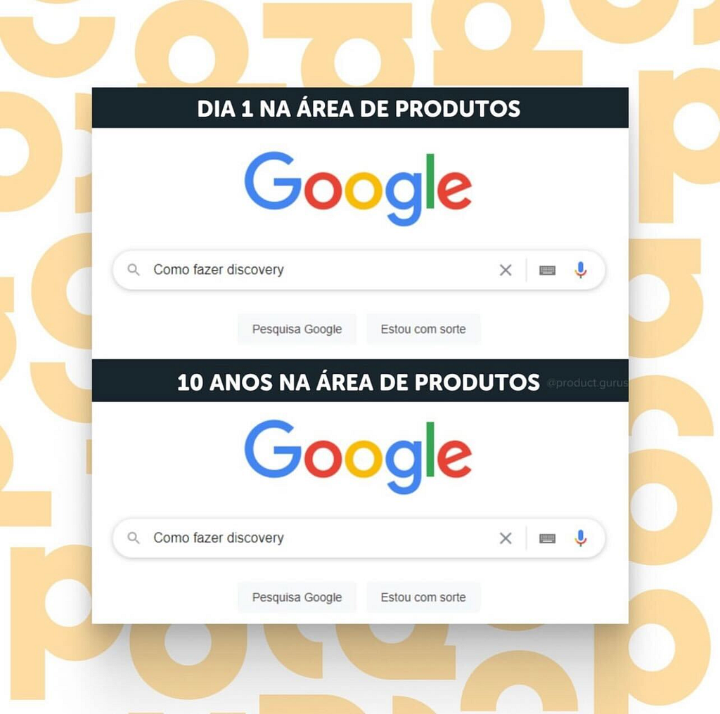 2 Imagens da página do google com a busca Como fazer discovery no Dia 1 na área de produtos e 10 anos na área de produto. Meme do Product Guru’s