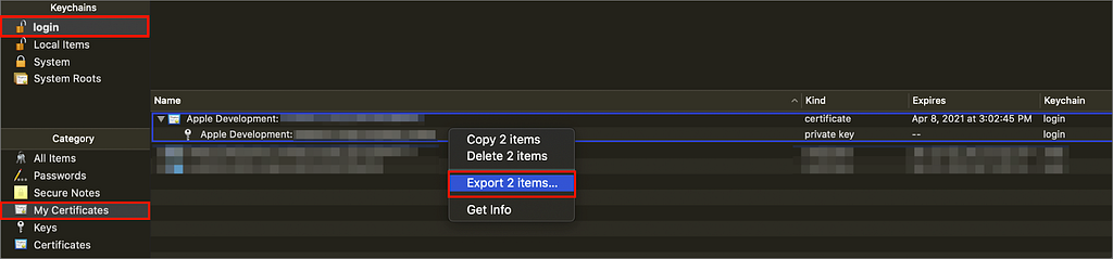 A screenshot of the macOS Keychain while exporting a certificate
