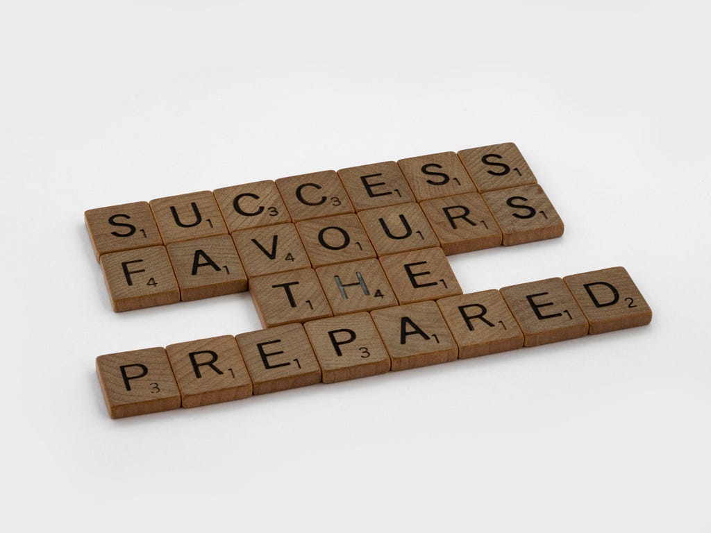Small wooden bricks forming the words: “SUCCESS FAVOURS THE PREPARED”