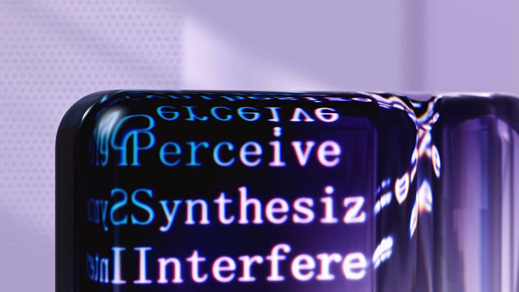 Words stream over a glossy purple surface: perceive, synthesize, interfere.
