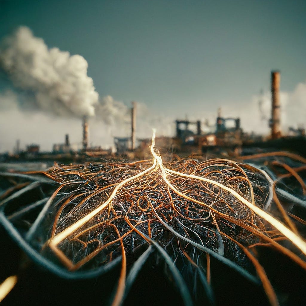 Interconnected glowing lines on the ground against an industrial background with smoke emissions, representing the digitalization of supply chains and its role in reducing Scope 3 emissions in line with the article’s topic.