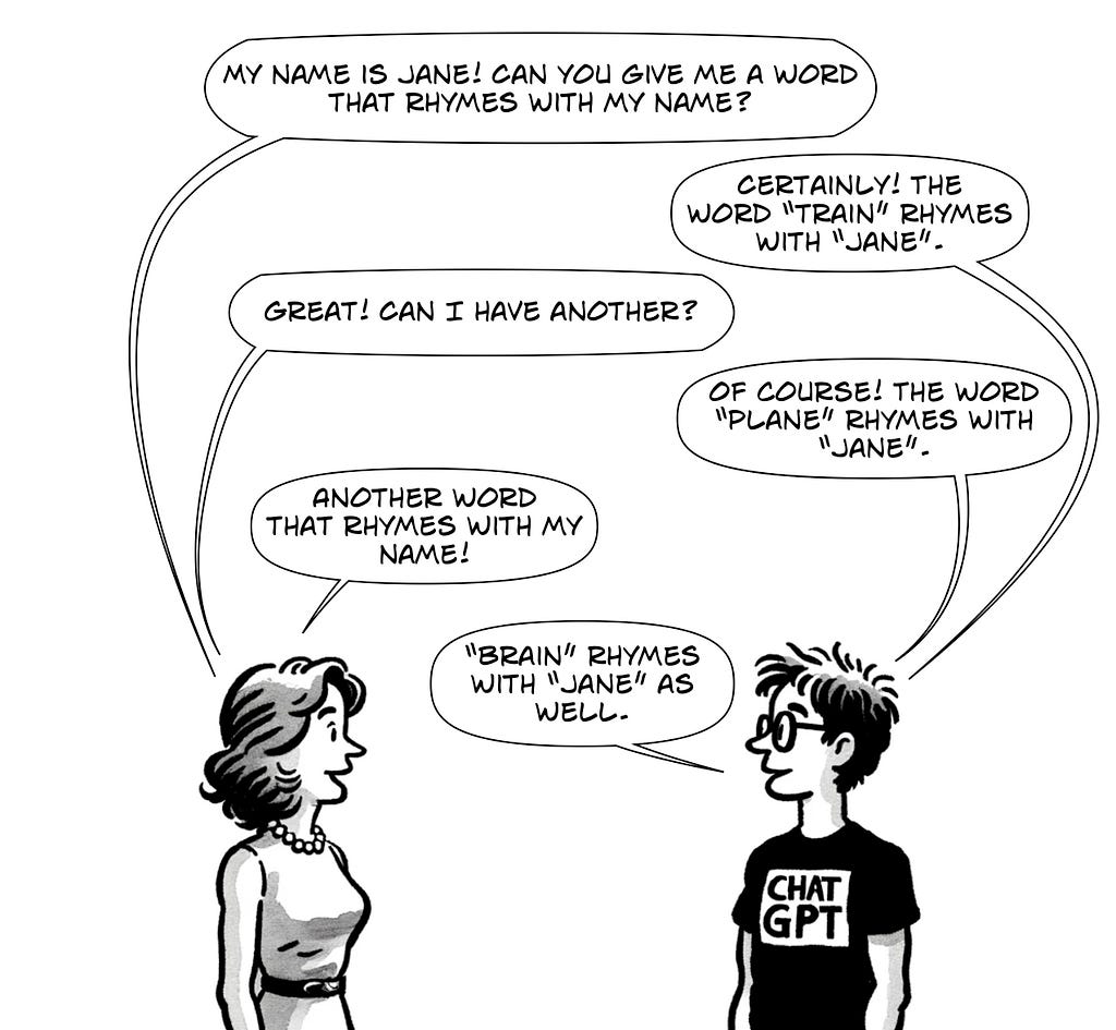 A black and white comic panel depicts a woman and a person wearing a ‘CHATGPT’ shirt having a conversation about rhymes. The woman says, ‘My name is Jane! Can you give me a word that rhymes with my name?’ The person responds, ‘Certainly! The word “train” rhymes with “Jane”.’ She asks for another, and they reply, ‘Of course! The word “plane” rhymes with “Jane”.’ She requests yet another, and the person concludes, ‘“Brain” rhymes with “Jane” as well.’ The drawing style is playful and cartoonish.