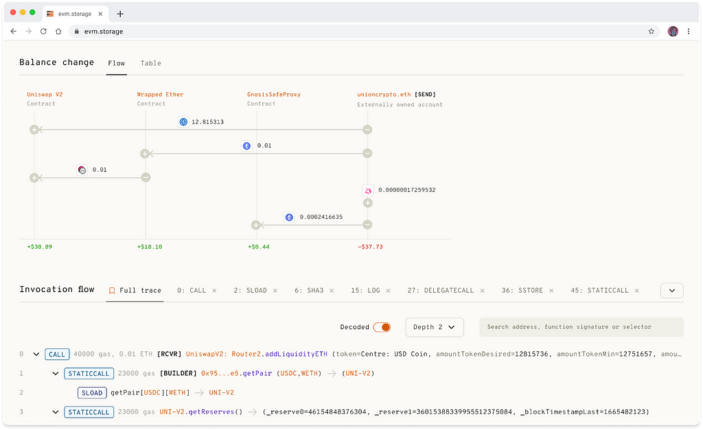 A preview of the Flow representation of balance changes.