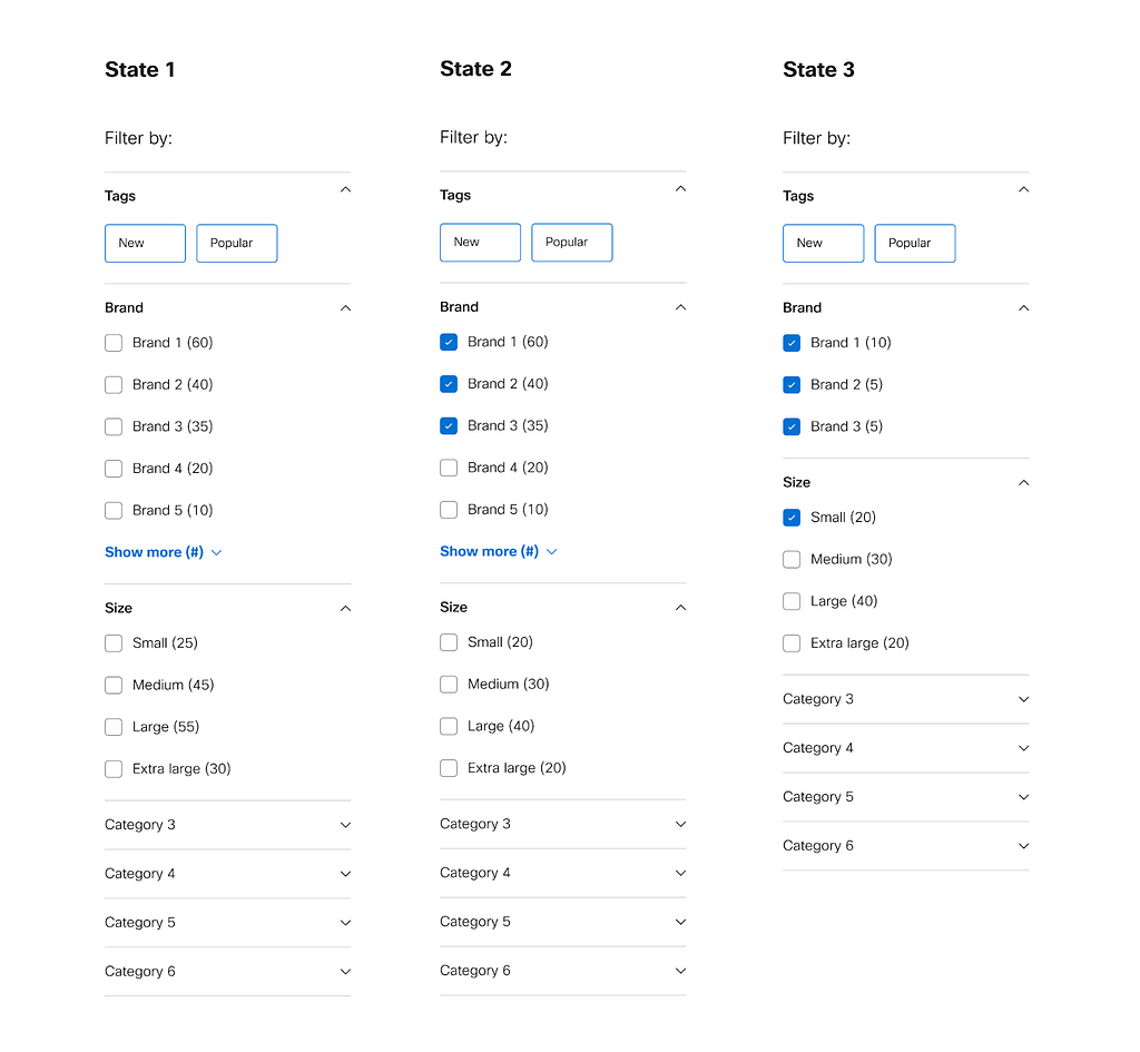 Three mockups showing progressive states of a filter menu