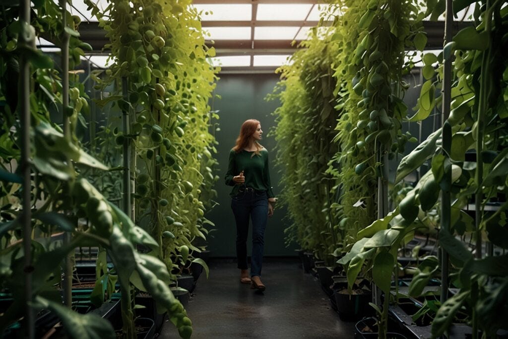 A woman walks between rows of lush green peas hanging from the ceiling in an indoor garden, holding a digital tablet.