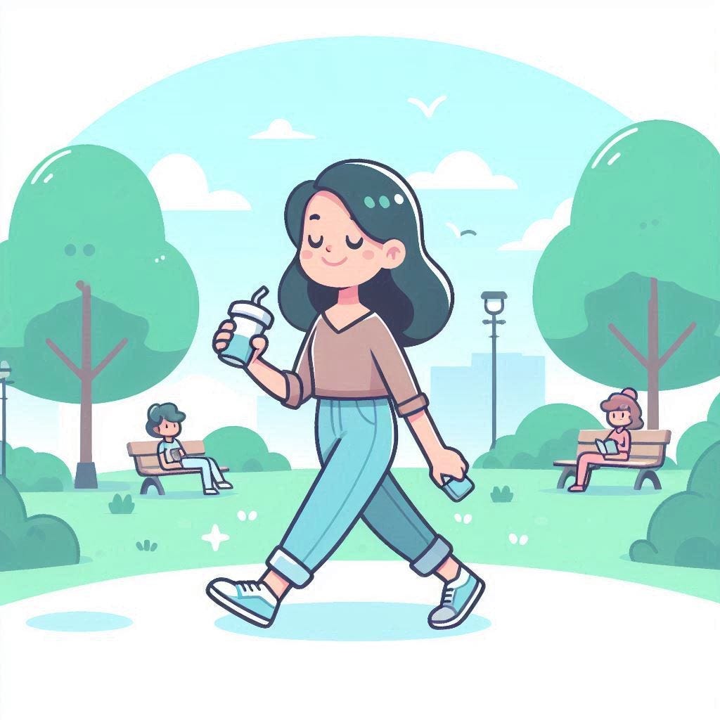 A person walking through a park, drinking a coffee. People are sitting on benches in the background.