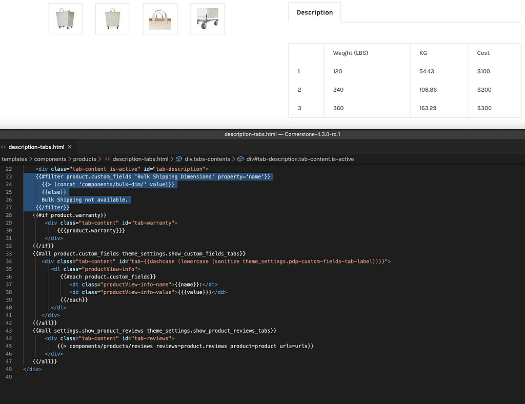What our component looks like on a sandbox store, as well as description-tabs.html.