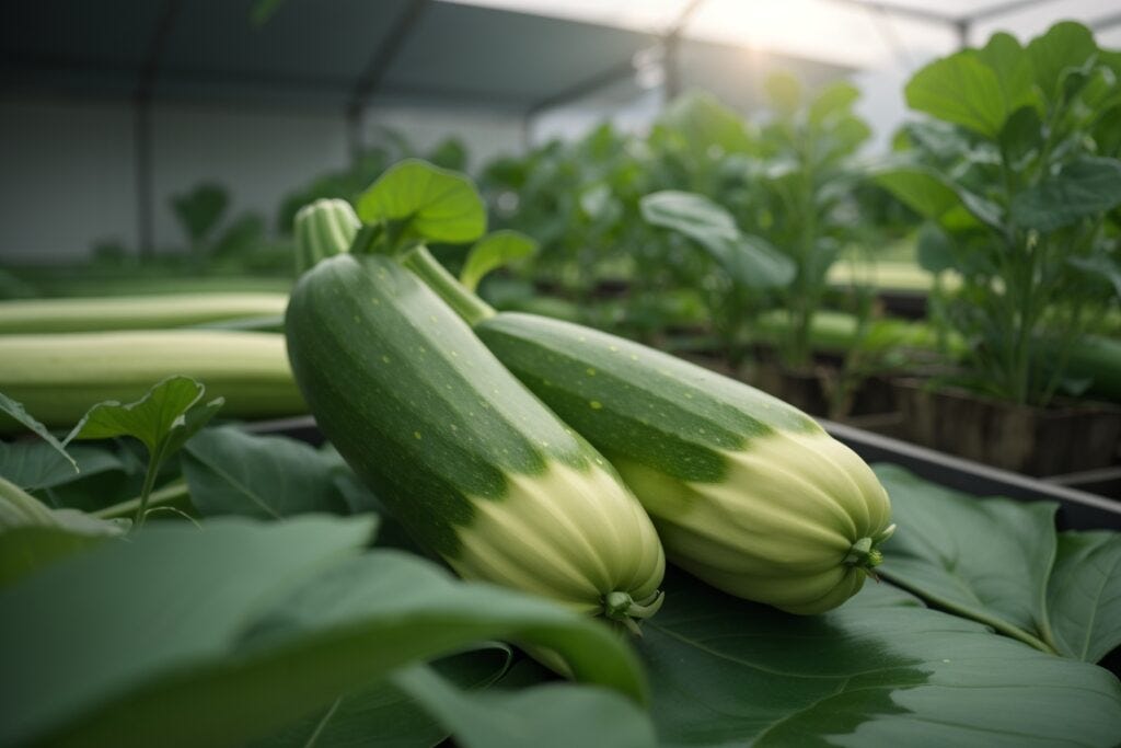 Two hydroponic zucchinis lying on large leaves in a greenhouse with subtle sunlight in the background.