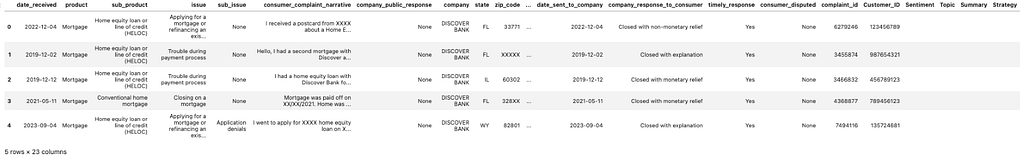 Customer 360 Complaints DataFrame displaying rows of customer complaints with appended empty columns.