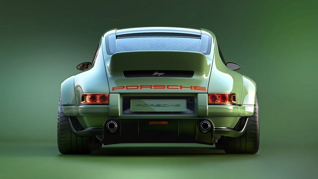 The back view of a green Porsche 911 in a green background