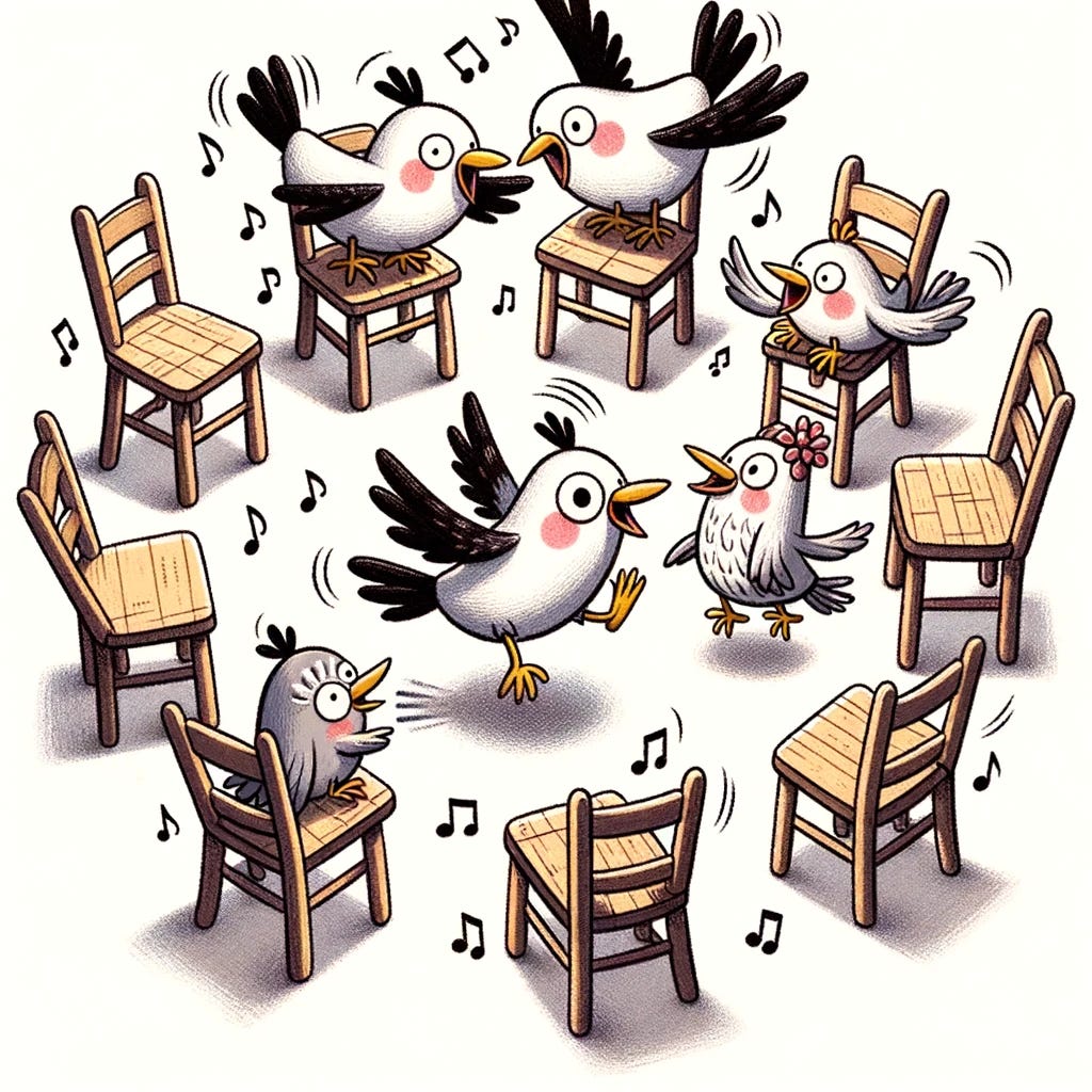 Illustration of a whimsical game of musical chairs. Several chairs are arranged in a circle, and characters resembling cuckoo birds dance around them. One cuckoo bird, with a cheeky expression, is in the act of pushing another surprised cuckoo bird off a chair, aiming to take its spot.