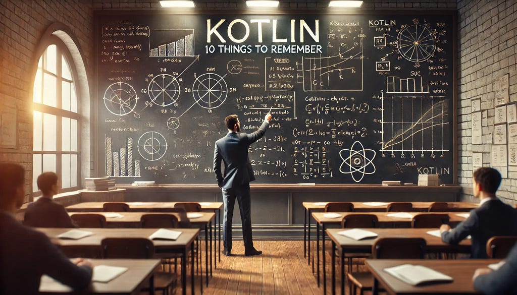 A highly realistic and cinematic wide image of a classroom with a focus on a blackboard displaying notes, diagrams, and equations related to ‘Kotlin: 10 things to remember.’ A teacher in professional attire is partially visible, pointing to the board and explaining with enthusiasm. The scene is well-lit with dramatic lighting, creating a dynamic and engaging learning environment. Neatly arranged desks and chairs enhance the active learning atmosphere.