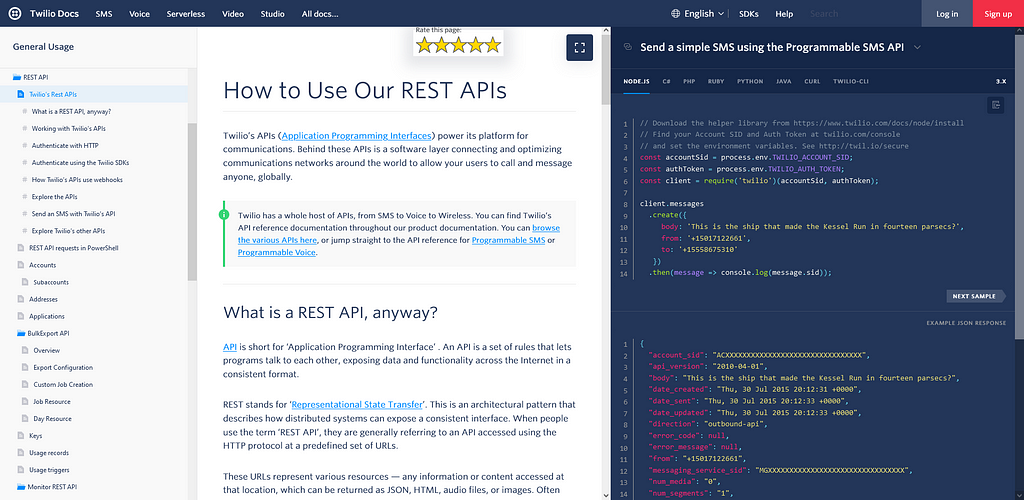 Screengrab of Twilio's REST API documentation