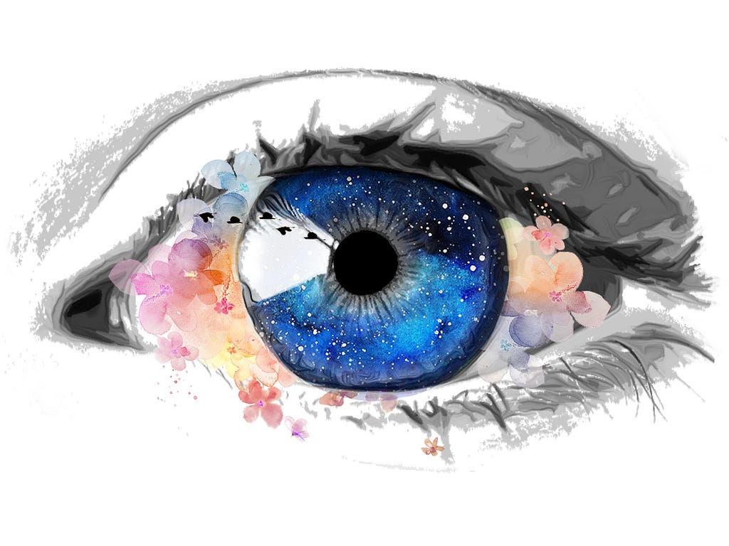 A hand drawn image of an eye. The white of the eye and the iris are coloured vibrantly making them pop out while the skin is pencil shaded.