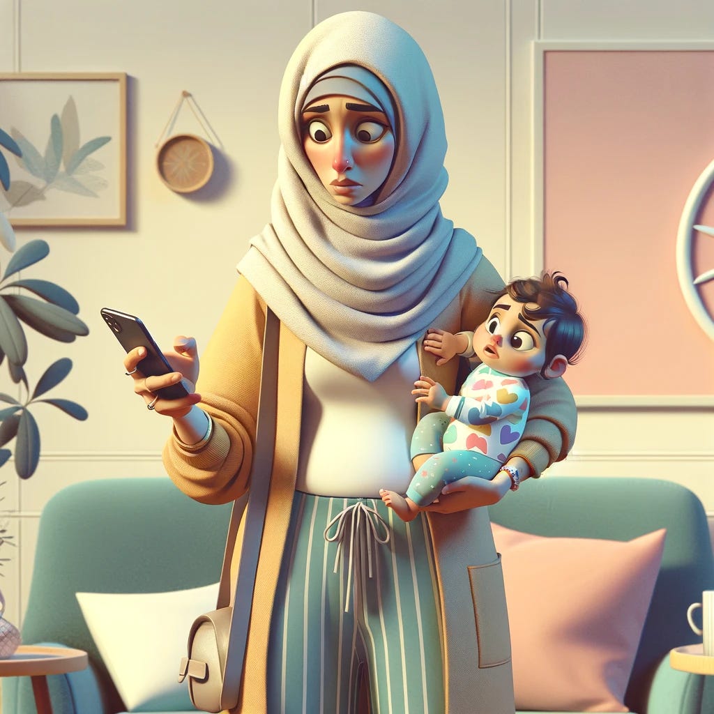 Playful Pixar-style image depicting a woman operating a phone while trying to hold a baby with the other arm.
