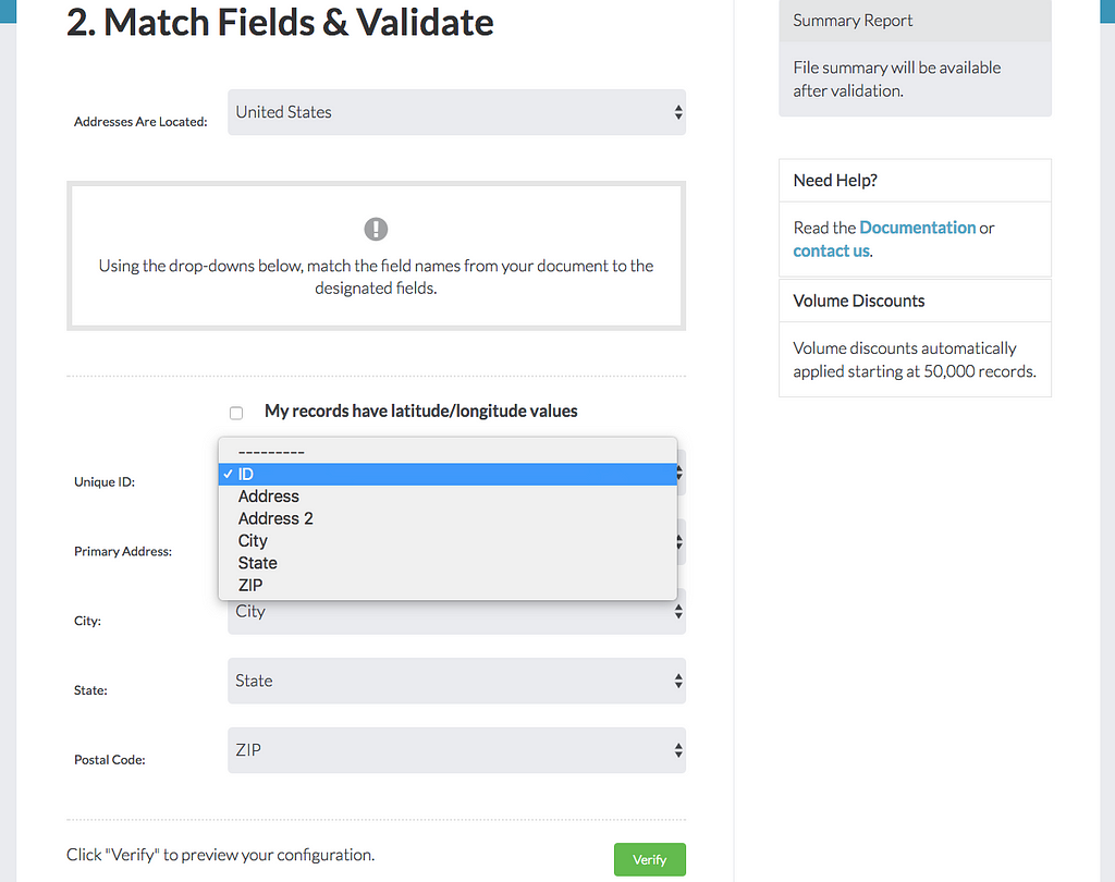 Match fields screen