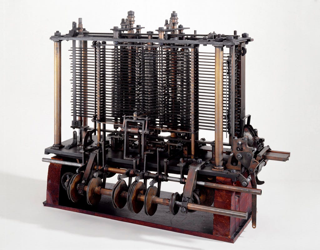 This was the first fully-automatic calculating machine. British computing pioneer Charles Babbage (1791-1871) first conceived the idea of an advanced calculating machine to calculate and print mathematical tables in 1812. This machine, conceived by Babbage in 1834, was designed to evaluate any mathematical formula and to have even higher powers of analysis than his original Difference engine of the 1820s. Only part of the machine was completed before his death in 1871. This is a portion of the mill with a printing mechanism. Babbage was also a reformer, mathematician, philosopher, inventor and political economist.